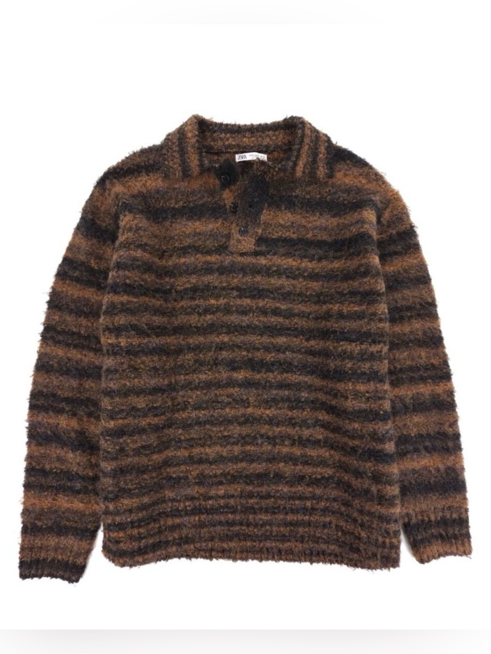 Zara Man 90s Fuzzy Wool Textured Knit Polo Sweater Old Money Quiet Luxury